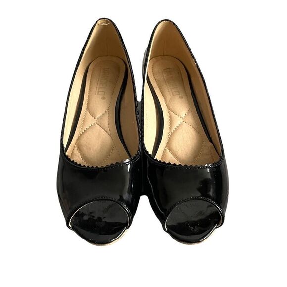 VANGELO DONNA Black Patent Leather Slip-On Wedge Peep Toe Shoes Scalloped 9 - Picture 3 of 15